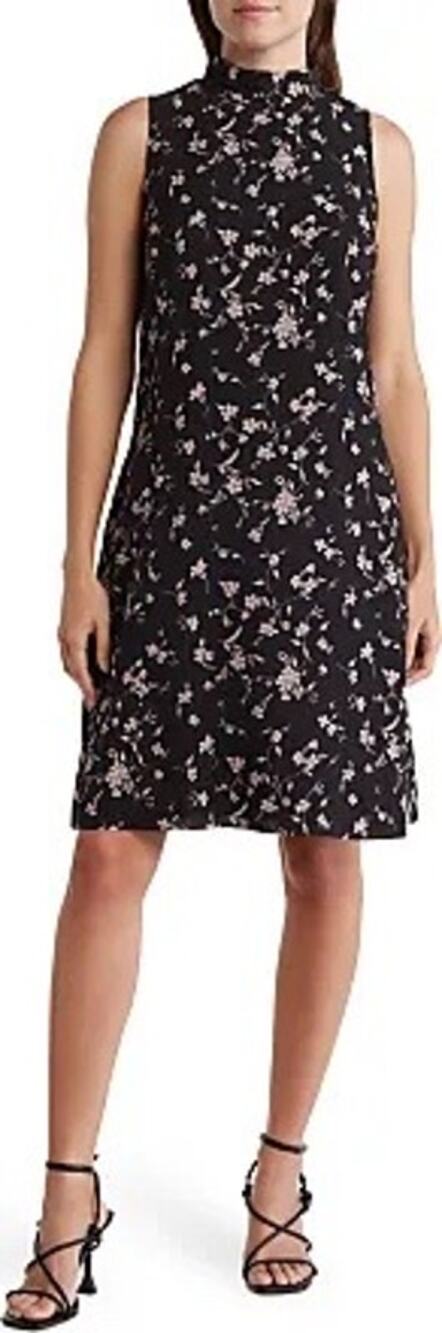 Nordstrom Rack Black Floral A Line Dress XS Mock Neck Sleeveless Pockets Stripe